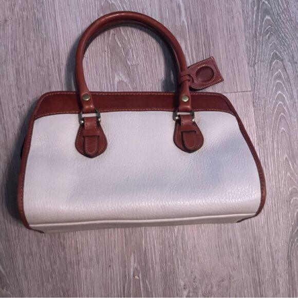VTG 90s Liz Claiborne Leather Rolled Dual Handle Cream Pebbled Leather brown Bag - Picture 6 of 15